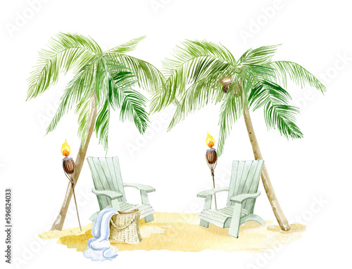 Watercolor Summer  beach huts, seagulls and design elements, palm beach resort, summer home on a beach, wooden beach house with veranda and palm trees, Tropical landscape, Summer tropical beach