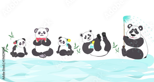  rest, relaxation, Taking shower, hygiene and  body of water, sea, pool, concept with cute pandas