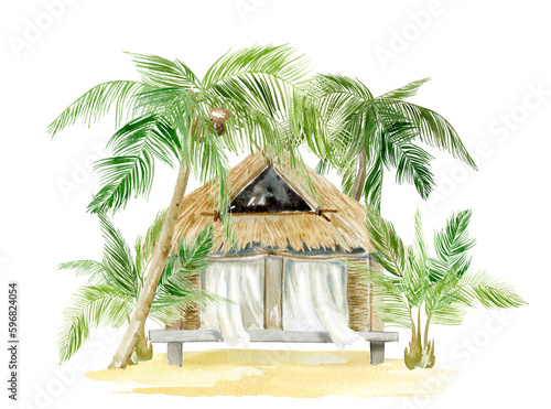Watercolor Summer  beach huts, seagulls and design s, palm beach resort, summer home on a beach, wooden beach house with veranda and palm trees, Tropical landscape, Summer tropical beach © Yevheniia Poli