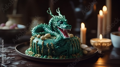 Cake in the form of a traditional green Chinese dragon on the festive table dessert, generated by AI