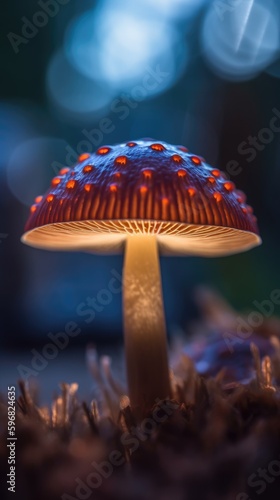 Abstraktes Hintergrundbild, Bunt leuchtender, psychedelischer Pilz nachts im Wald, Bokeh Effekt, Generative AI