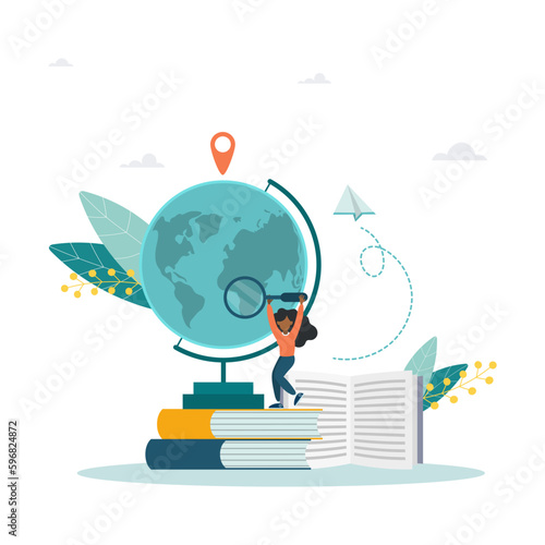 Girl looking at globe through magnifying glass. Concept of geography, geographical research, study of Earth, cartography and navigation. Flat vector illustration for banner, poster.
