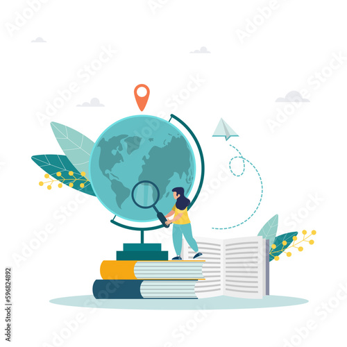 Girl looking at globe through magnifying glass. Concept of geography, geographical research, study of Earth, cartography and navigation. Flat vector illustration for banner, poster.
