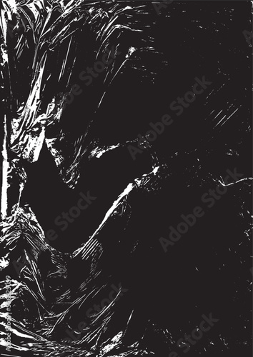 Polyethylene texture. Torn effect. Transparent stretched cling film. Overlay grunge texture. Black and white vector background. Crumpled warp plastic. Defect, scuff template. Wrinkled packaging