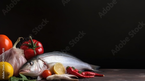 Raw seafood on rustic wood table: fish lemon and vegetables. Black backdorp. photo
