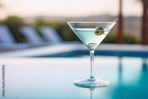 Martini cocktail tonic on poolside by pool. Generative AI illustration © colnihko