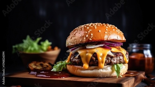 Delicious Burger Delight! Juicy patty, melted cheese, and crisp veggies on a dark backdrop. Perfectly satisfying. Generative ai