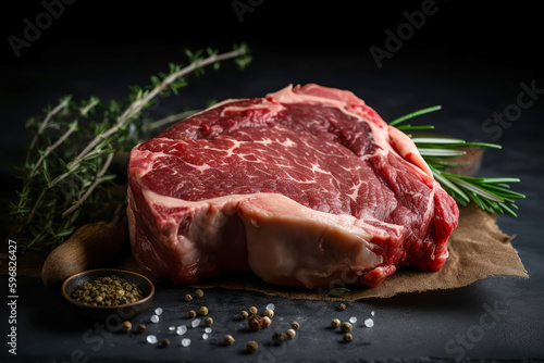 Raw beef steak with seasonings on stone background. Generative AI illustration