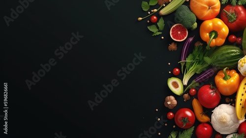 Fresh Veggie Border! Organic vegetables on  natural black background. Ideal for healthy food designs. Generative ai