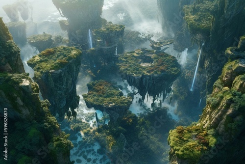 An aerial landmass hovers above Pandora in Avatar film. Generative AI photo