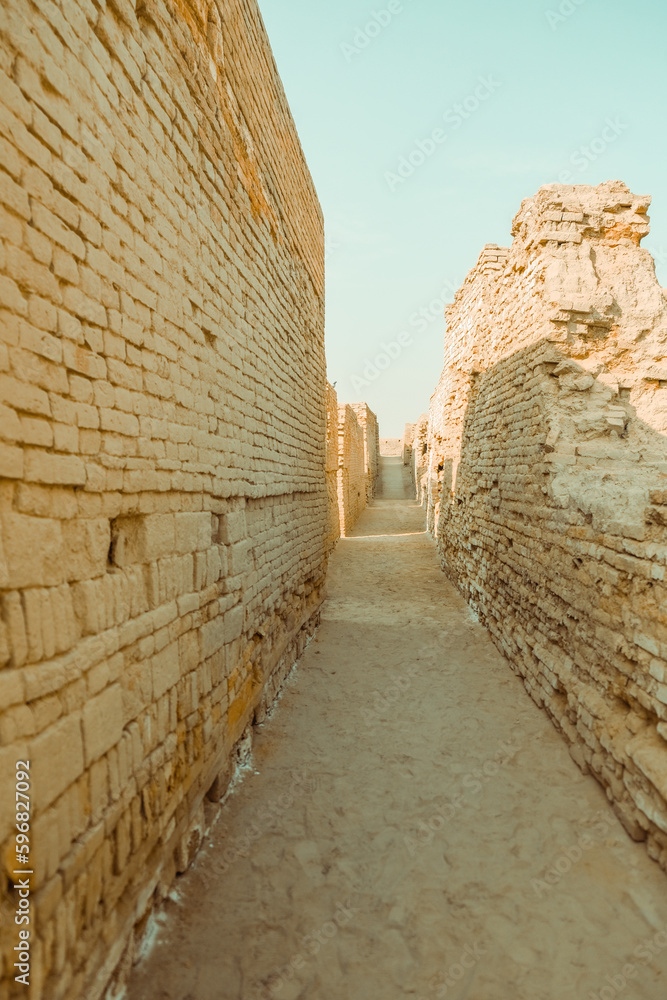 Mohenjo Daro, Sindh Pakistan - February 28, 2023: Main City Streets Indus Civilization