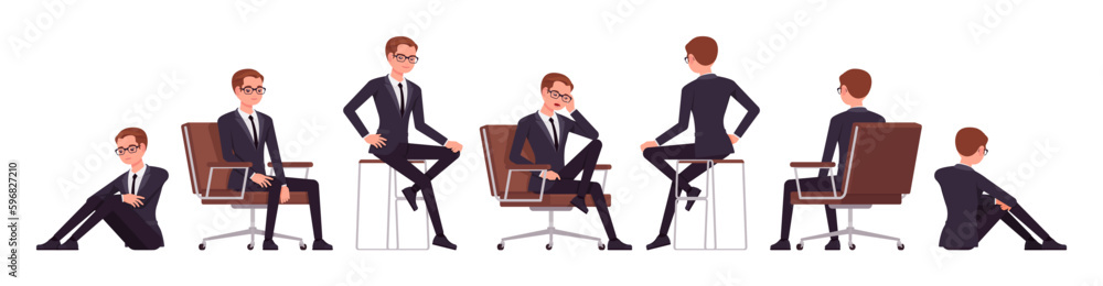 Handsome businessman set, different sitting poses. Office man, busy male manager in formal suit outfit, tie for work, event, occasion. Vector flat style cartoon character isolated, white background
