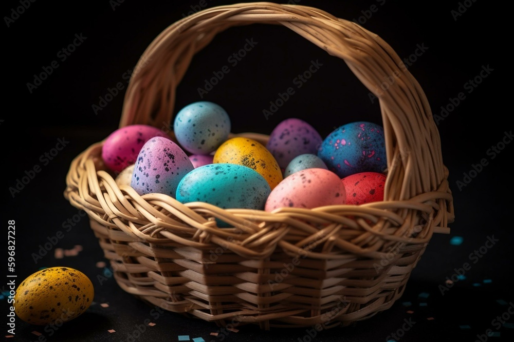 Collection of colorful egg-shaped objects in a basket perfect for Easter. Generative AI