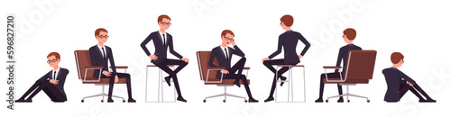 Handsome businessman set, different sitting poses. Office man, busy male manager in formal suit outfit, tie for work, event, occasion. Vector flat style cartoon character isolated, white background