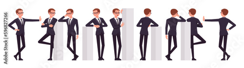 Handsome businessman set, different leaning poses. Office man, busy male manager in formal suit outfit, tie for work, event, occasion. Vector flat style cartoon character isolated, white background