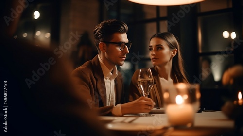 Fake person, fake people, A couple enjoying a romantic dinner in a restaurant, Romantic, AI, AI technology