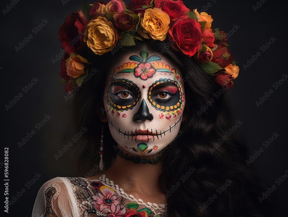 Dia de los muertos, Mexican holiday of the dead and halloween. Woman with sugar skull make up and flowers. Generative AI Dia de los muertos, Mexican holiday of the dead and halloween. Woman with sugar skull make up and flowers. Generative AI