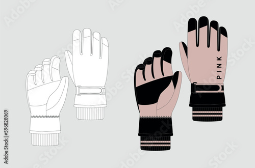 Winter clothing accessories design, black and white flat sketch of winter ski gloves. Color Template for technical drawing of gloves in pink color.