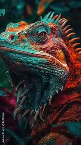 Close up of a colorful iguana in a botanical garden. Generative AI