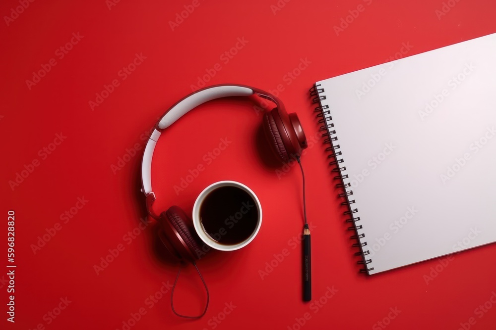 Top view of headphones with notebook and cup of coffee on red background, Generative AI Top view of headphones with notebook and cup of coffee on red background, Generative AI