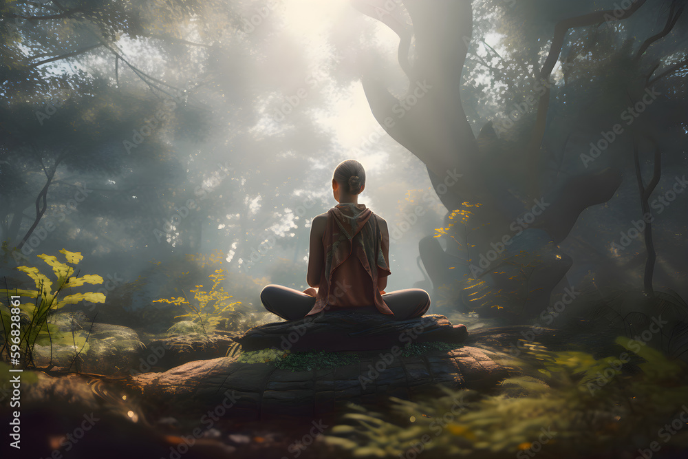 A woman in the forest on a stone practices meditation, Generative AI 2
