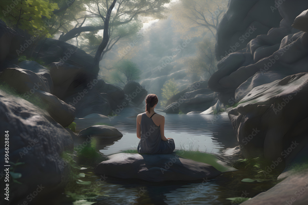 Fototapeta premium A woman sits on a stone in the middle of the river and practices meditation, Generative AI