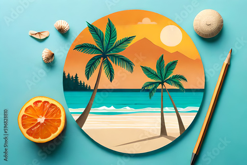 A beachy and tropical background or greeting card with a seashell or a palm tree design