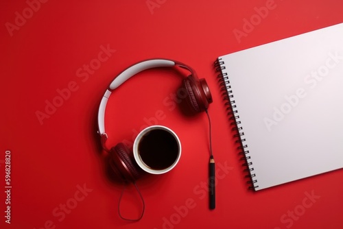 Top view of headphones with notebook and cup of coffee on red background, Generative AI