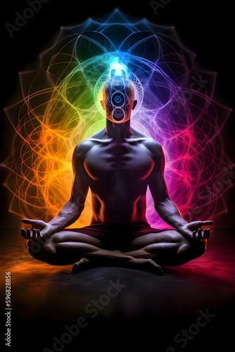 Man meditating in lotus position, colored aura and chakras, Generative AI