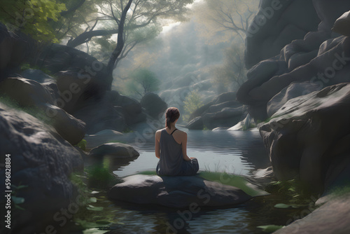 A woman sits on a stone in the middle of the river and practices meditation  Generative AI