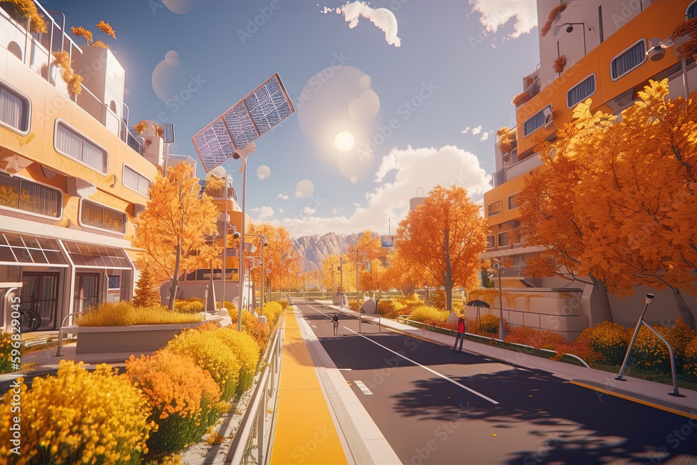 Modern, futuristic, sustainable town featuring bike lanes, tall buildings and many trees in Autumn colors. AI generative illustration