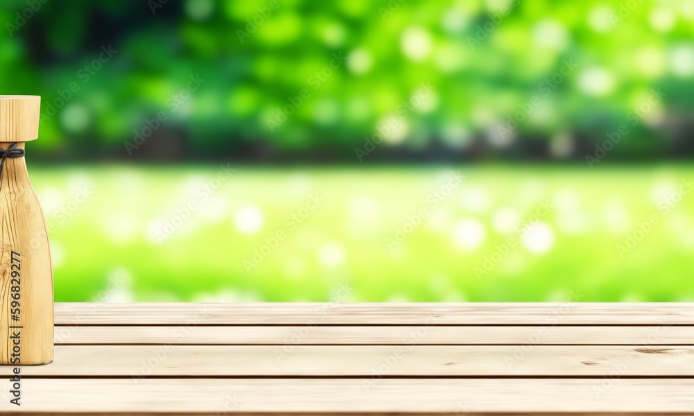 Empty wooden table with garden bokeh background. Template mock up for display of product (Generative AI) Empty wooden table with garden bokeh background. Template mock up for display of product (Generative AI)