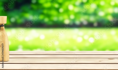 Empty wooden table with garden bokeh background. Template mock up for display of product  Generative AI 