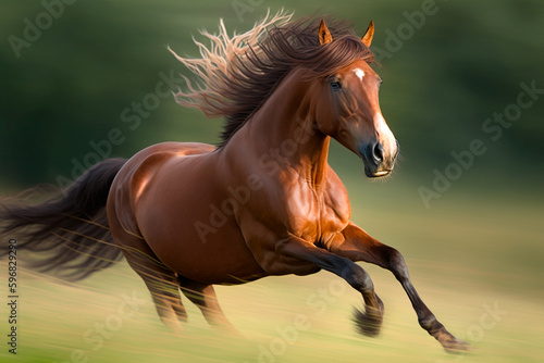 Brown horse gallops gracefully on green grass. Generative AI
