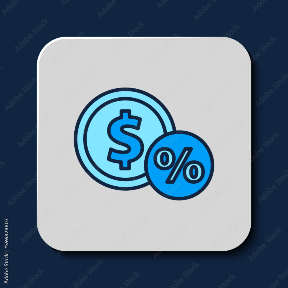 Filled outline Money coin with percent icon isolated on blue background. Cash Banking currency sign. Vector Filled outline Money coin with percent icon isolated on blue background. Cash Banking currency sign. Vector