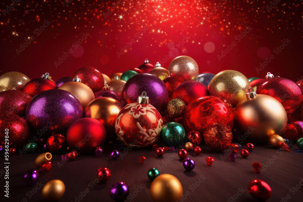 Festive Christmas Ornaments on Red Background Festive Christmas Ornaments on Red Background