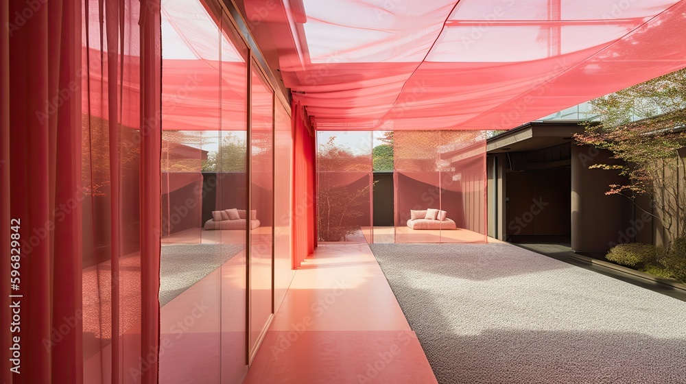 Transparent luxury house to never be locked up, with red decor. Generative AI Technology Transparent luxury house to never be locked up, with red decor. Generative AI Technology