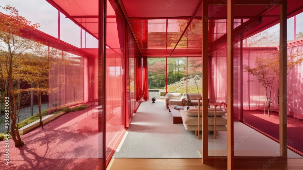 Transparent luxury house to never be locked up, with red decor. Generative AI Technology Transparent luxury house to never be locked up, with red decor. Generative AI Technology