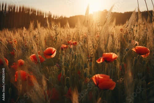 Field of wheat covered with poppies. Generative AI © Astraea