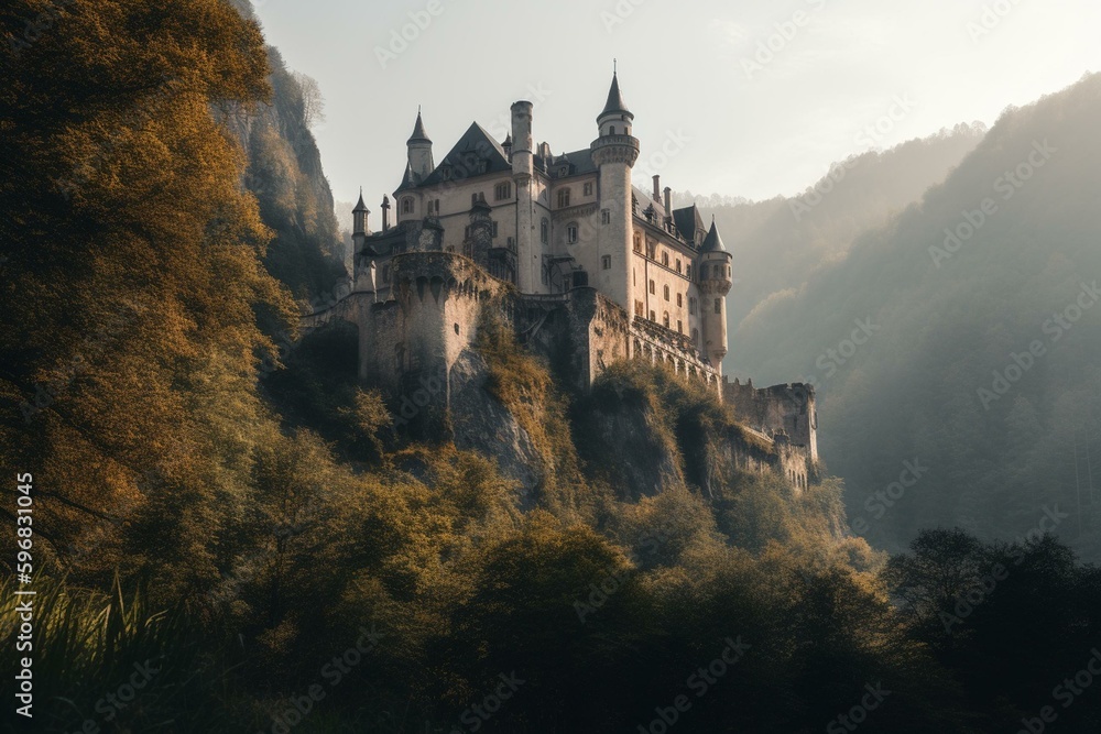 A grandiose castle in a magical setting with vast surrounding terrain. Generative AI