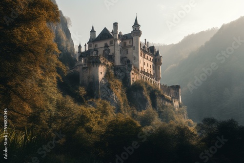 A grandiose castle in a magical setting with vast surrounding terrain. Generative AI