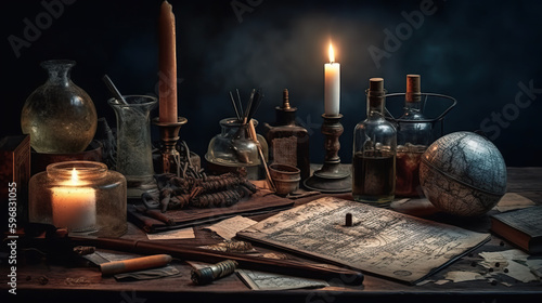 A table topped with lots of different types of objects. AI generative. Dark academia style, victorian style mansion interior design with wooden stairs.