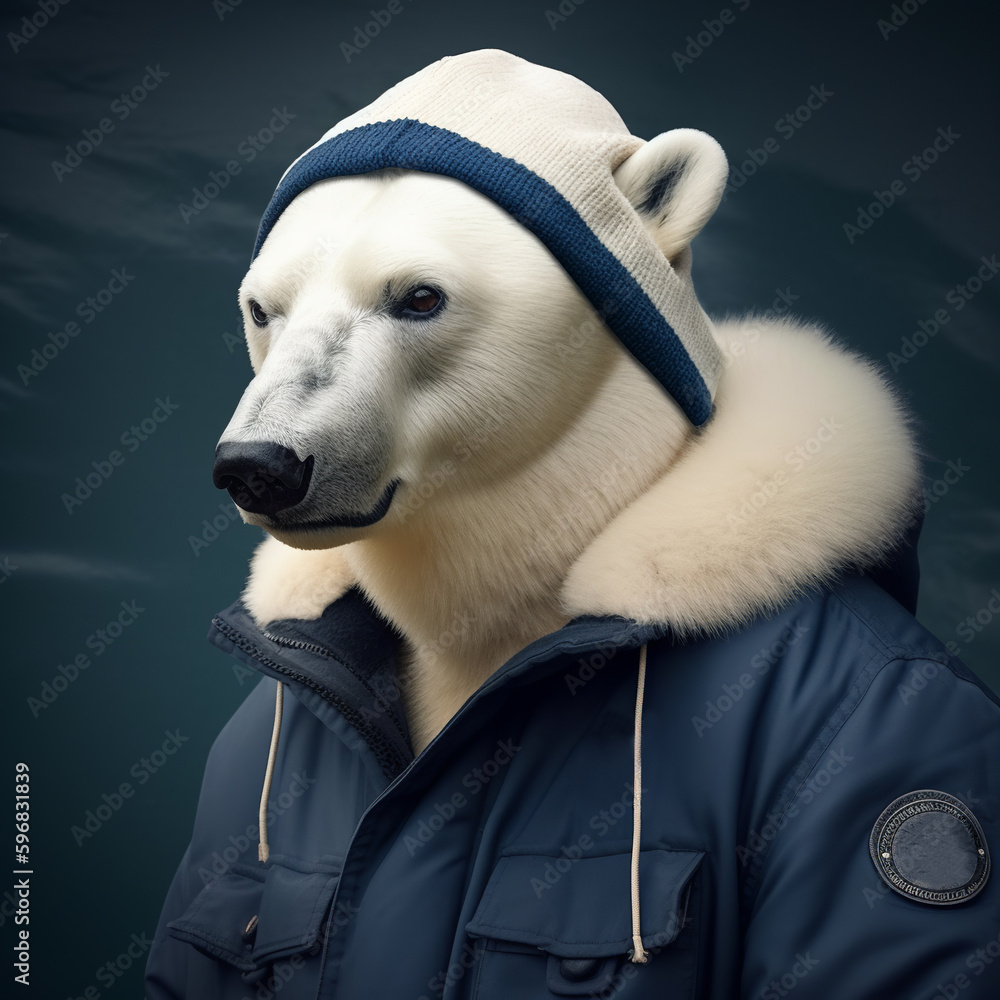 Polar bear dressed in a warm jacket and hat, generative AI Stock  Illustration | Adobe Stock