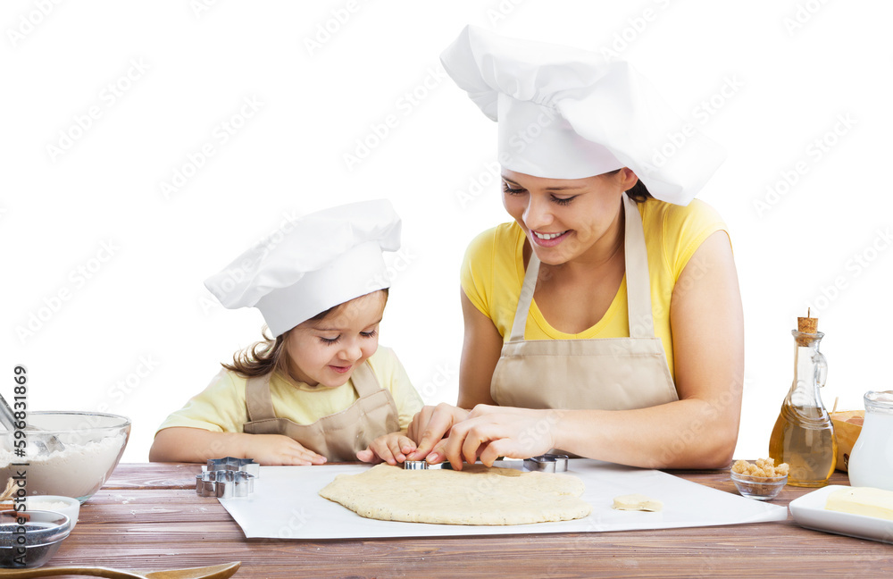 Happy loving family prepares bakery together. Happy loving family prepares bakery together.