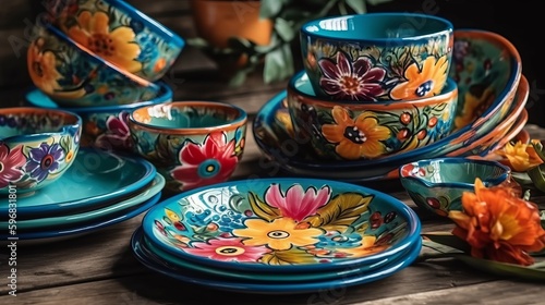 Colorful dinnerware set with floral pattern. AI generated