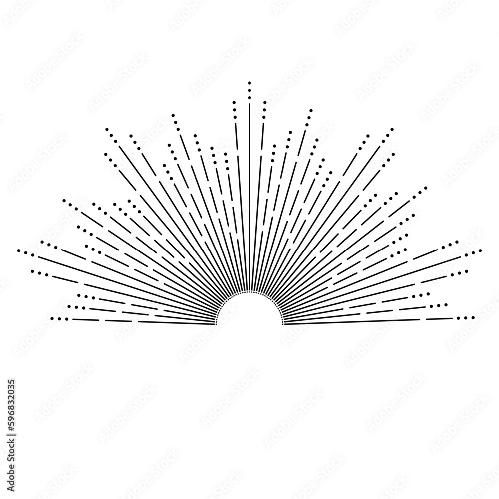 Hand drawn mystical Sun in line art. Sunburst, light rays, spiritual symbol celestial space. Magic talisman, antique style, boho, tattoo, emblem, logo. Vector illustration isolated on white background