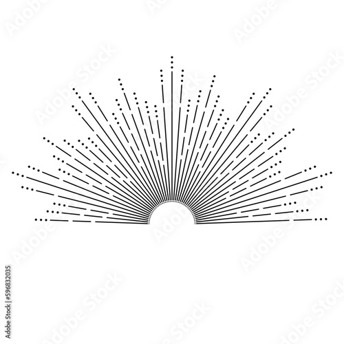 Hand drawn mystical Sun in line art. Sunburst  light rays  spiritual symbol celestial space. Magic talisman  antique style  boho  tattoo  emblem  logo. Vector illustration isolated on white background