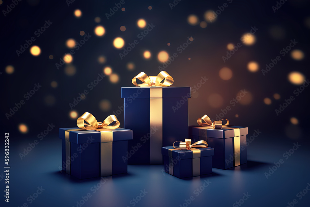 custom made wallpaper toronto digitalDark blue gift boxes adorned with golden bows and ribbons, decorated with Xmas lights on a blue background. AI generative illustration to create a festive atmosphere.