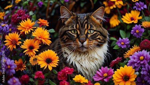 Cat  in the flower garden