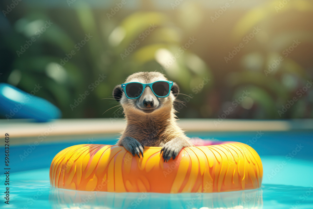 Cute meerkat chilling on a yellow inflatable pool float in a